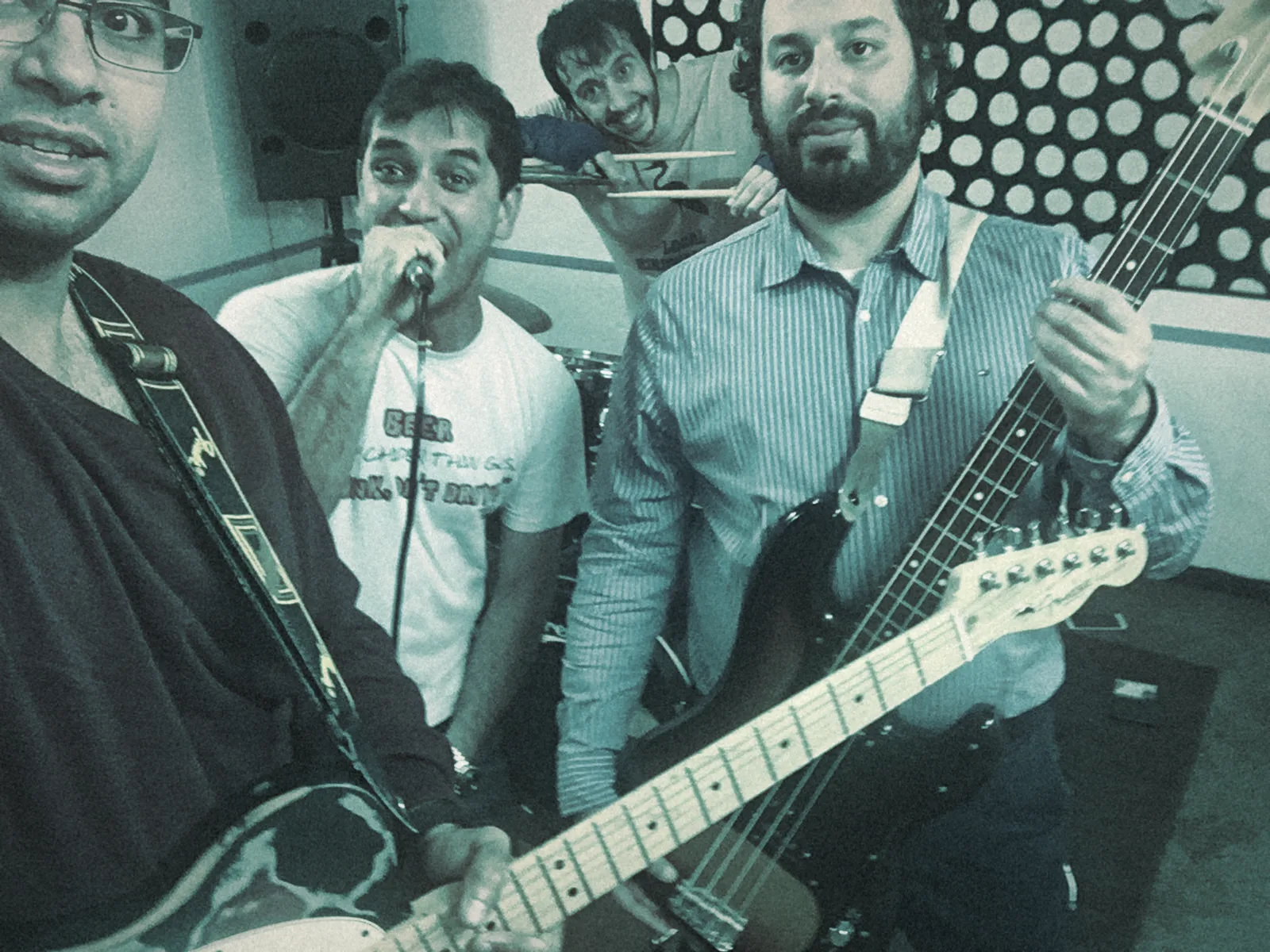 Ahmad on bass with his band Chairman of the Bored in a London rehearsal room